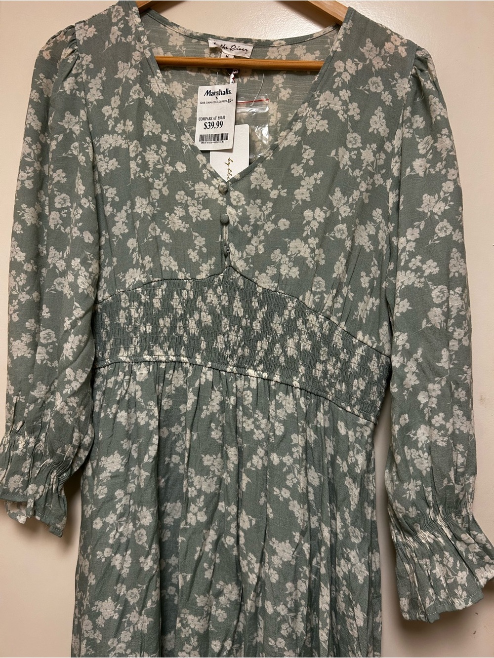 Women’s Sage Green Floral Smocked Waist Dress by “by the river”